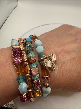 Bomb Party Stretch Multi-Strand Turquoise & Pink Beaded Bracelet with Charm.